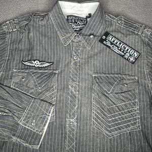 Affliction Shirt Mens 2XL Gray Undercover Skull Button Up Long Sleeve Biker XXL